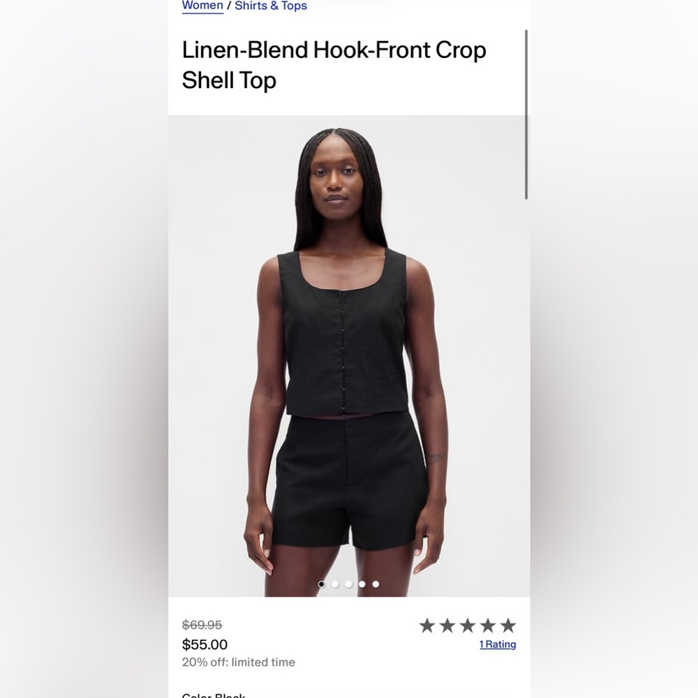 Black linen blend hook front crop shell top